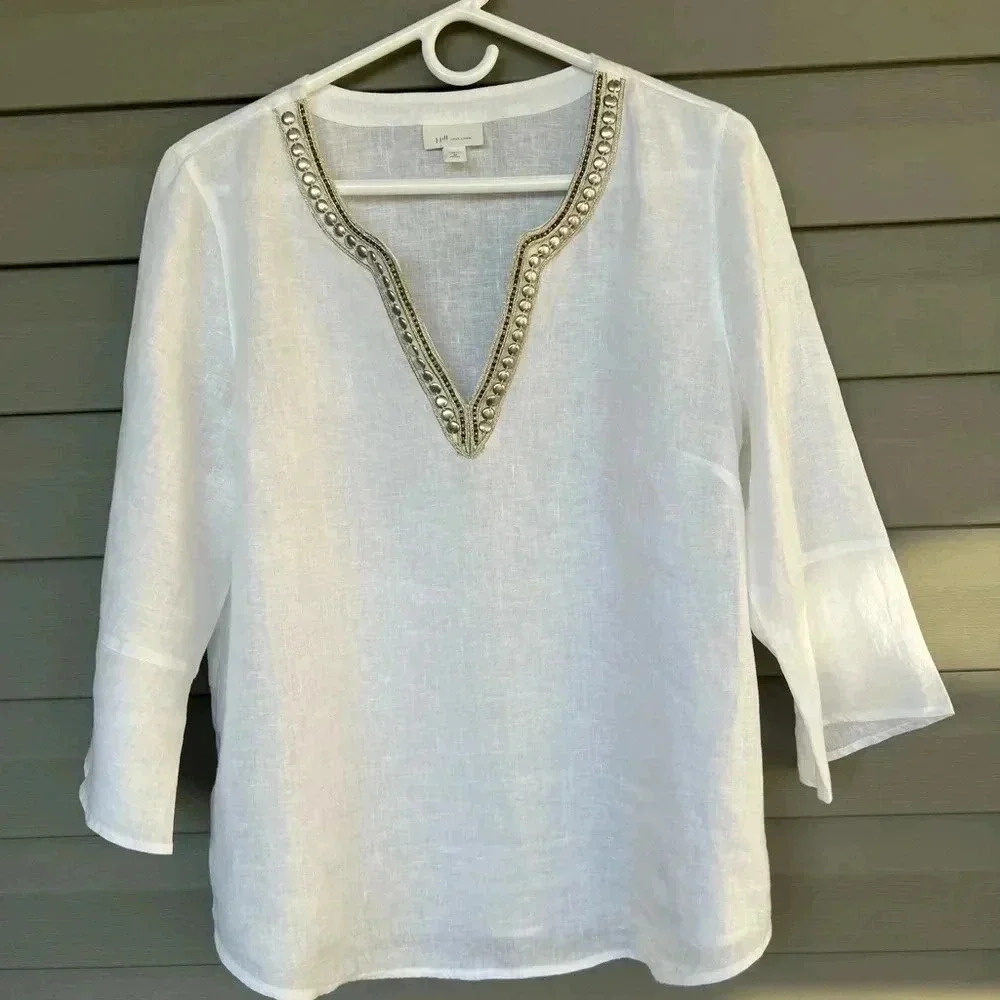 J.Jill Love Linen Women's White Beaded Quarter Sleeve Blouse Sz M